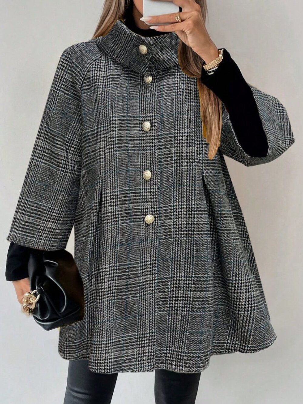 Blue Casual Women's Plaid Collar Raglan Button Front Jacket